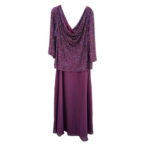 J Kara Full Length Scoop Neck Formal Dress Purple Beaded Short Sleeve Size 22W
